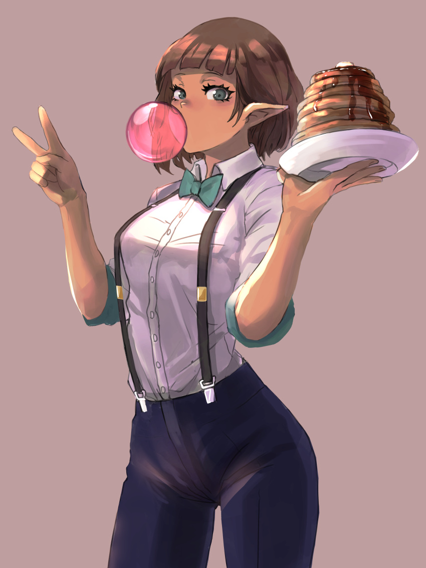 1girl 6maker absurdres black_pants blue_eyes bob_cut bow bowtie breasts brown_background brown_hair bubble_blowing buttons chewing_gum collared_shirt commentary covered_mouth cowboy_shot dark_skin food green_bow green_bowtie hands_up highres holding holding_plate looking_at_viewer medium_breasts pancake pants plate pointy_ears shirt shirt_tucked_in short_hair solo standing v white_shirt