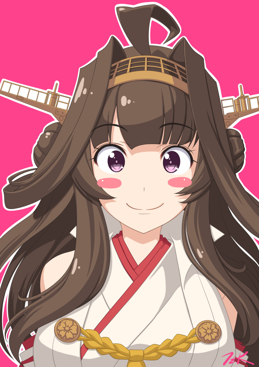 1girl ahoge blush_stickers brown_hair double_bun hairband headgear highres japanese_clothes kantai_collection kongou_(kancolle) kongou_kai_ni_(kancolle) long_hair looking_at_viewer pink_background simple_background smile solo t2r upper_body violet_eyes