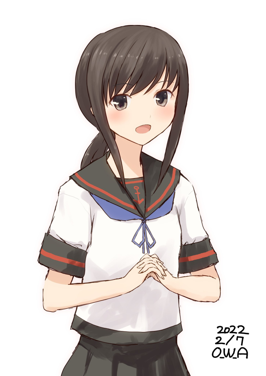 1girl artist_name black_hair black_sailor_collar black_skirt brown_eyes commentary_request dated fubuki_(kancolle) fubuki_kai_ni_(kancolle) highres kantai_collection long_hair looking_at_viewer low_ponytail one-hour_drawing_challenge owa_(ishtail) own_hands_clasped own_hands_together pleated_skirt ponytail sailor_collar school_uniform serafuku short_ponytail sidelocks simple_background skirt solo upper_body white_background