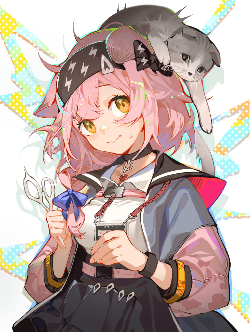 1girl animal_ears animal_on_head arknights bangs black_bow black_choker black_hairband black_skirt blue_bow bow cat cat_ears cat_girl cat_on_head choker clay_(clayjun) closed_mouth commentary_request eyebrows_visible_through_hair goldenglow_(arknights) hair_bow hairband head_tilt highres holding holding_scissors id_card jacket lanyard lightning_bolt_print looking_at_viewer on_head open_clothes open_jacket scissors scottish_fold shirt short_hair skirt solo sweat upper_body white_shirt wristband yellow_eyes