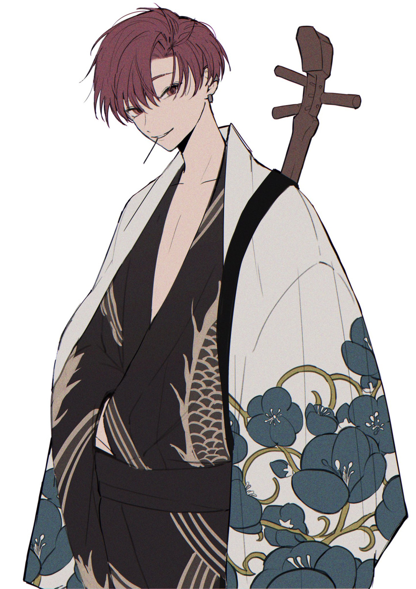 earrings fate/grand_order fate_(series) highres japanese_clothes jewelry kimono male_focus red_eyes redhead smile solo solo_focus takasugi_shinsaku_(fate) type-moon yui_(linaw-key08)