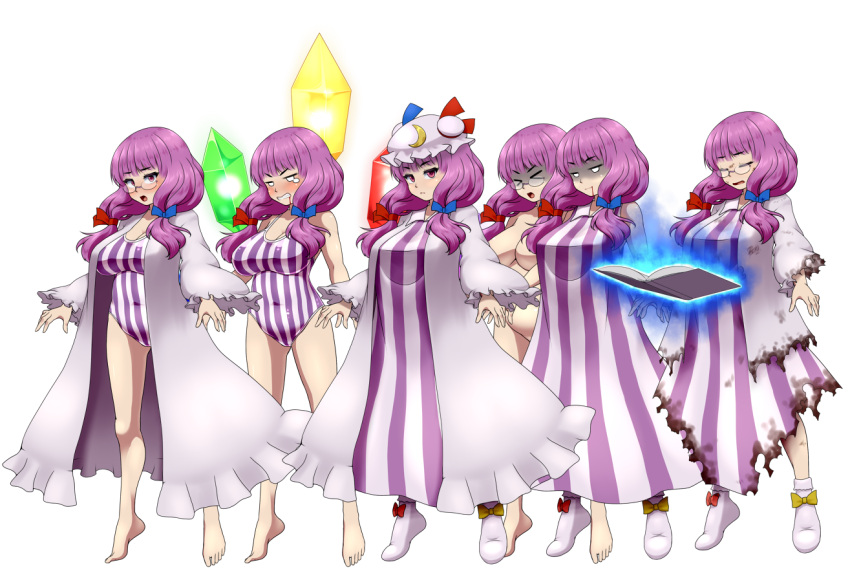 1girl barefoot blue_bow blue_ribbon blush bow breasts burnt_clothes coat collared_dress crescent crescent_hat_ornament crystal d.koutya dress drooling_blood glasses hair_bow hat hat_ornament hat_ribbon large_breasts leotard long_dress long_hair mob_cap multiple_persona nude patchouli_knowledge plump purple_coat purple_footwear purple_hair purple_headwear red_bow red_ribbon ribbon simple_background sleeveless sleeveless_dress smile solo standing striped striped_dress swimsuit tachi-e thighs torn_clothes touhou v-shaped_eyebrows vertical-striped_dress vertical_stripes very_long_hair violet_eyes white_background