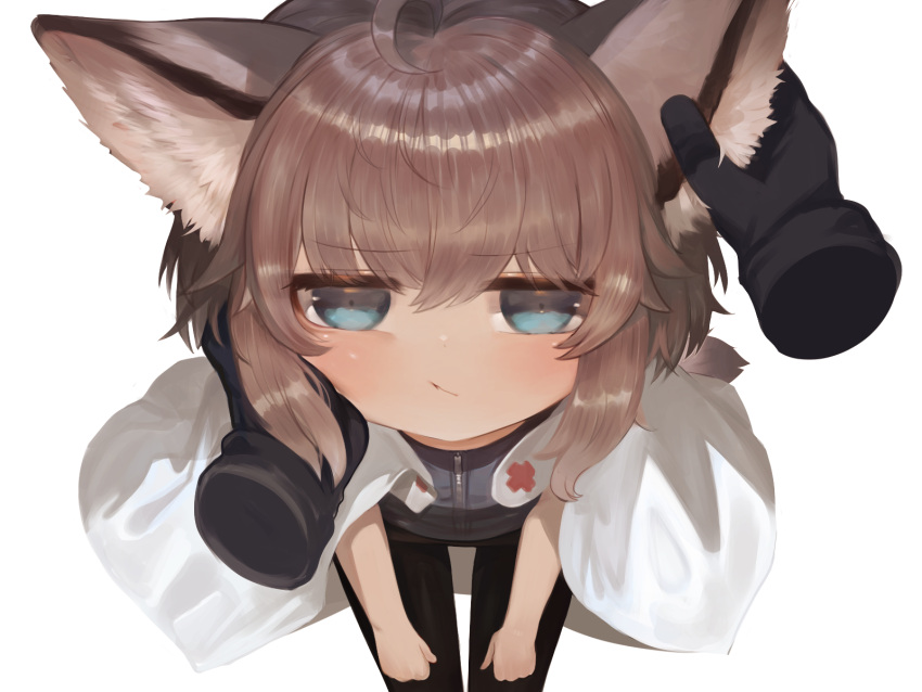 1girl ahoge animal_ear_fluff animal_ears arknights black_jacket black_pants blue_eyes blush brown_gloves brown_hair closed_mouth coat commentary cross disembodied_limb dokomon eyebrows_visible_through_hair face fox_ears fox_girl from_above gloves hand_on_another's_face hand_on_another's_head highres jacket looking_at_viewer looking_up pants pov pov_hands red_cross sidelocks sussurro_(arknights) symbol-only_commentary white_coat zipper