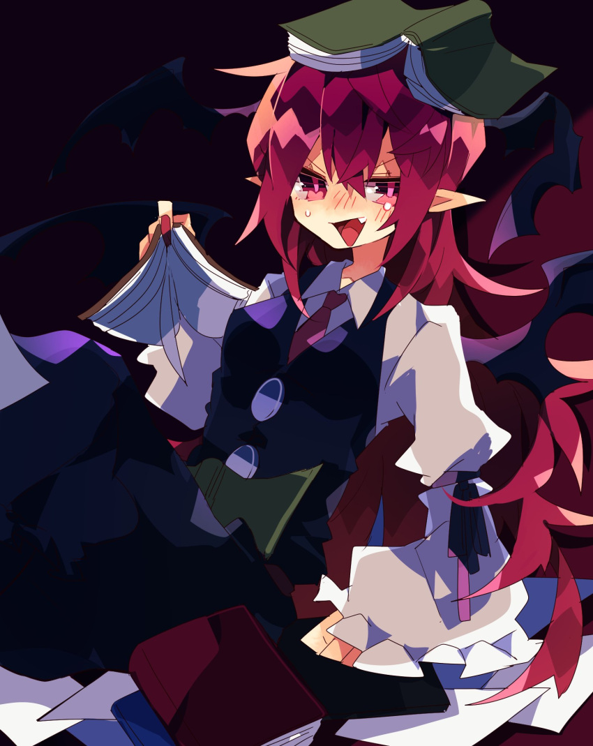 1girl :d arm_support bangs bat_wings black_skirt black_vest blush book book_on_head breasts bright_pupils dark_background fang feet_out_of_frame hair_between_eyes head_wings highres holding holding_book juliet_sleeves koakuma long_hair long_sleeves looking_at_viewer necktie nikorashi-ka object_on_head open_book pointy_ears puffy_sleeves purple_background red_eyes red_necktie redhead simple_background sitting skirt small_breasts smile solo touhou v-shaped_eyebrows very_long_hair vest wing_collar wings