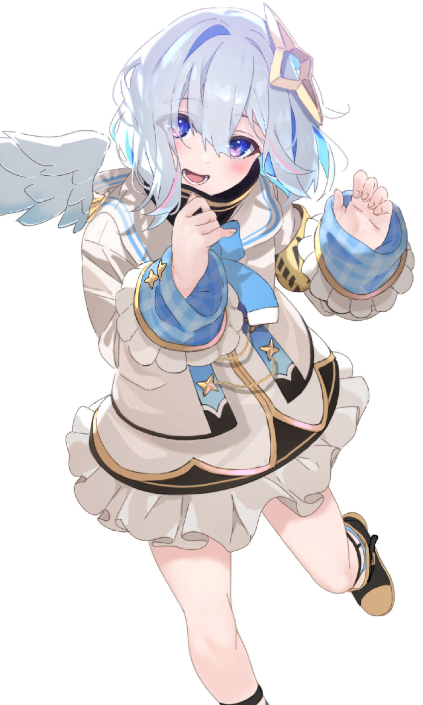 1girl :d absurdres amane_kanata bangs black_footwear black_skirt blue_bow blue_hair blue_legwear blush bow eyebrows_visible_through_hair feathered_wings frilled_skirt frills grey_hair hair_between_eyes hair_over_one_eye halo highres hololive icehotmilktea jacket long_sleeves looking_at_viewer mini_wings multicolored_hair plaid shoes short_hair simple_background single_hair_intake skirt sleeves_past_wrists smile socks solo standing standing_on_one_leg two-tone_hair violet_eyes virtual_youtuber white_background white_jacket white_wings wings