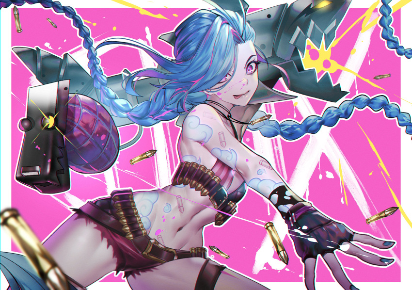 1girl absurdres arcane:_league_of_legends arm_tattoo arm_up belt black_gloves blue_hair blue_nails blurry blurry_foreground border bullet_necklace character_name closed_mouth diffraction_spikes explosive fingerless_gloves fingernails gloves grenade gun highres holding holding_gun holding_weapon jewelry jinx_(league_of_legends) league_of_legends long_hair navel necklace outline over_shoulder paint paint_on_body paint_splatter paint_splatter_on_face pink_eyes shell_casing smile solo stomach_tattoo striped tattoo teddy_(khanshin) thigh_strap throwing tongue tongue_out torn torn_clothes twintails weapon weapon_over_shoulder white_border white_outline