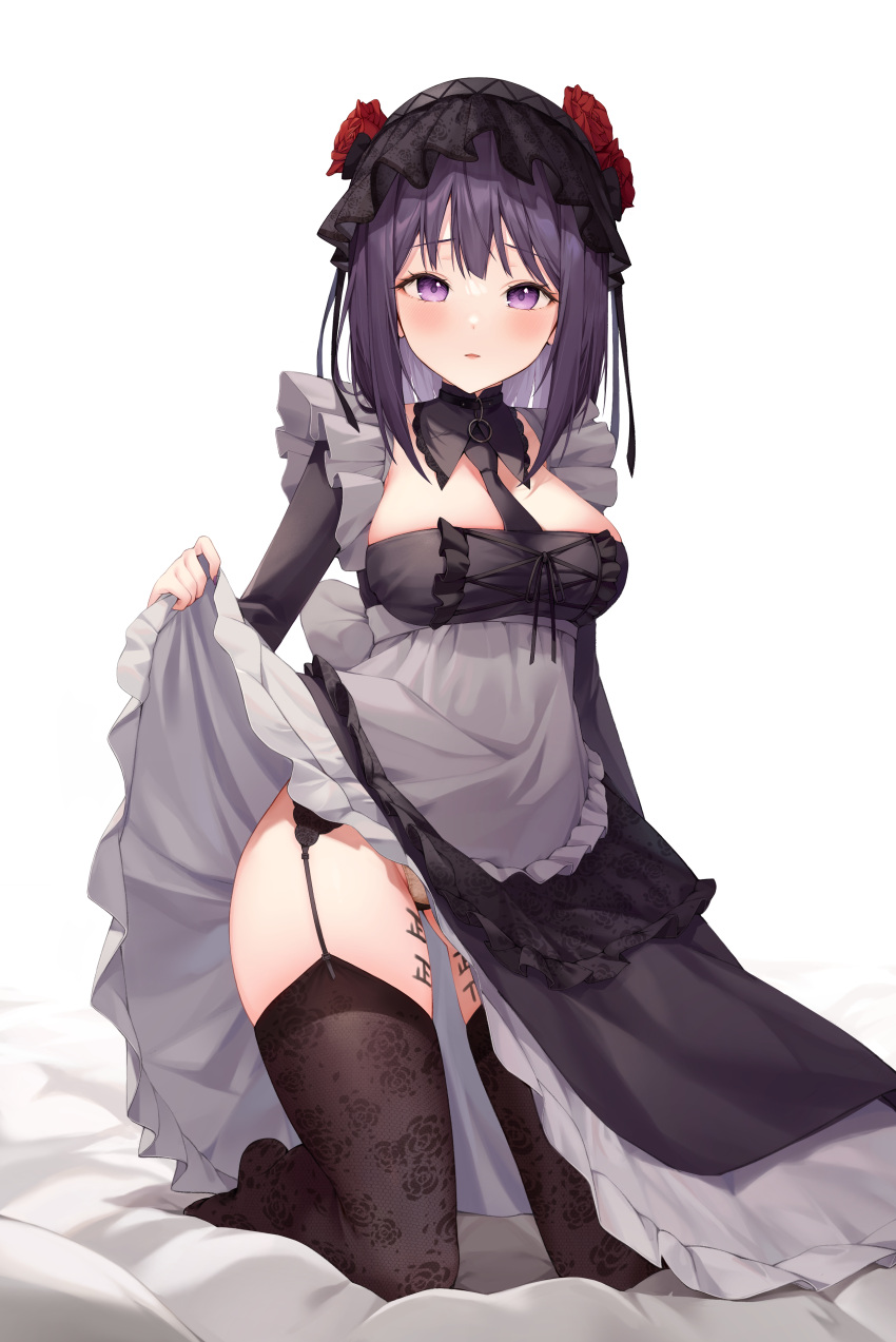 1girl absurdres apron ass_visible_through_thighs bangs black_dress black_legwear blush body_writing breasts clothes_lift commentary cosplay dress dress_lift eyebrows_visible_through_hair eyelashes floral_print flower frilled_apron frills garter_belt hatonaru525 highres kitagawa_marin kneeling kuroe_shizuku kuroe_shizuku_(cosplay) lifted_by_self long_sleeves looking_at_viewer medium_hair no_shoes panties panty_peek parted_lips petticoat red_flower red_rose rose simple_background solo sono_bisque_doll_wa_koi_wo_suru tally thigh-highs thighs underwear violet_eyes white_apron white_background white_panties