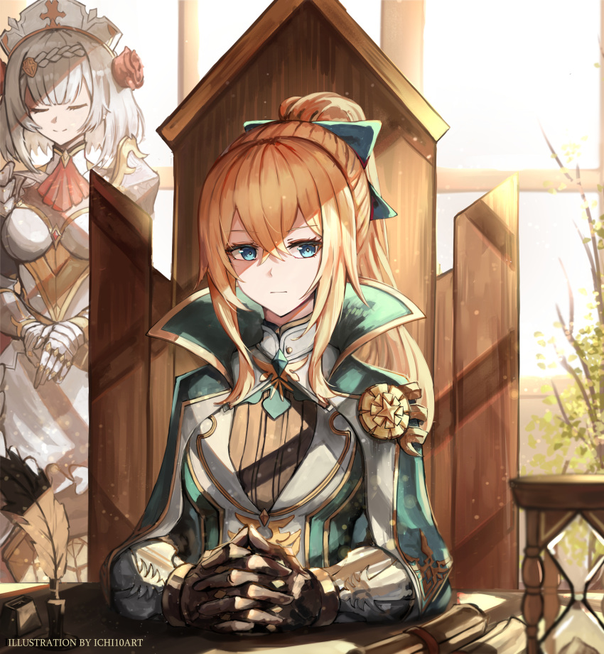 2girls absurdres armor armored_dress arms_on_table artist_name ascot bangs black_shirt blonde_hair blue_eyes bow braid capelet closed_eyes crossed_bangs flower french_braid gauntlets genshin_impact hair_between_eyes hair_bow hair_flower hair_ornament highres hourglass ichi10art jean_(genshin_impact) jean_(gunnhildr's_legacy)_(genshin_impact) long_hair looking_to_the_side maid maid_headdress multiple_girls noelle_(genshin_impact) office official_alternate_costume own_hands_together ponytail quill red_flower red_rose rose scroll shirt short_hair silver_hair sitting smile sunlight white_headwear window