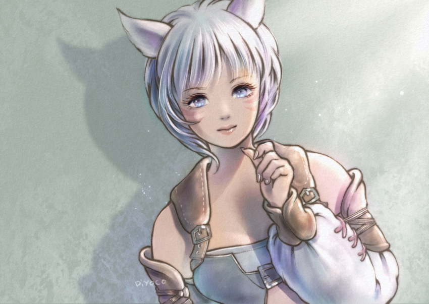 1girl animal_ears artist_name avatar_(ff14) bangs cat_ears cat_girl closed_mouth detached_sleeves eyebrows_visible_through_hair eyelashes facial_mark final_fantasy final_fantasy_xiv fingernails hand_up highres light_blue_eyes lips long_sleeves looking_at_viewer miqo'te pink_lips piyoco short_hair silver_hair solo whisker_markings white_sleeves