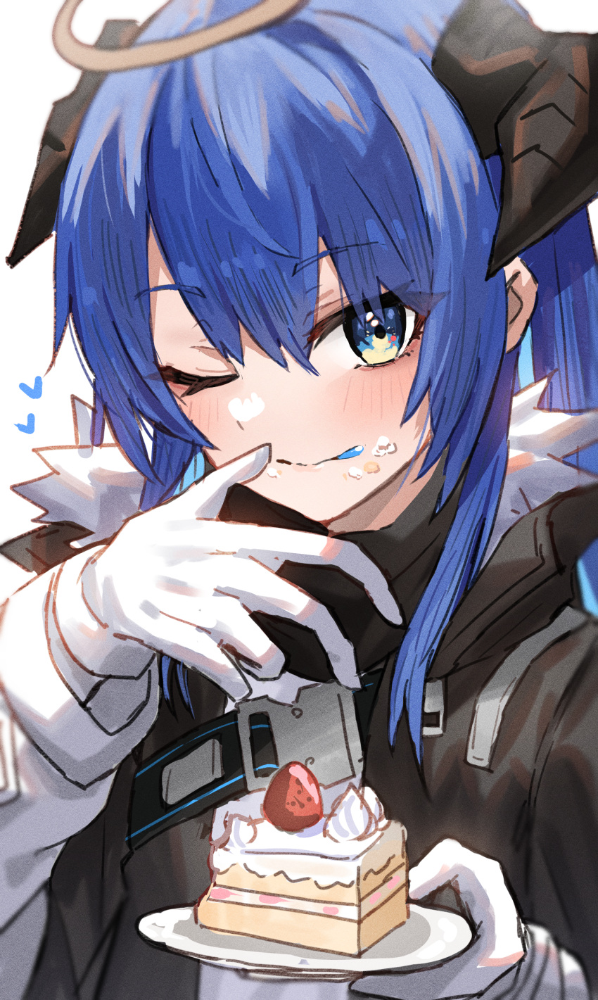 1girl ;q absurdres arknights bangs black_jacket blue_eyes blue_hair blush cake cake_slice closed_mouth eyebrows_visible_through_hair food food_on_face fruit fur-trimmed_jacket fur_trim heart highres holding holding_plate horns jacket long_hair long_sleeves looking_at_viewer mostima_(arknights) one_eye_closed open_clothes open_jacket panties plate raw_egg_lent smile solo strawberry tongue tongue_out underwear upper_body white_panties