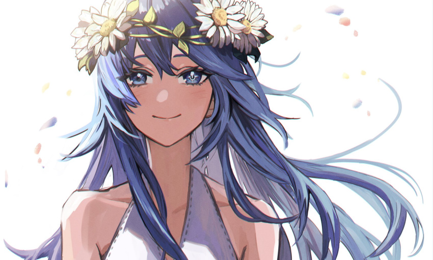 1girl alternate_costume bangs bare_shoulders blue_eyes blue_hair blush closed_mouth collarbone dress fire_emblem fire_emblem_awakening fire_emblem_heroes floating_hair flower hair_between_eyes hair_ornament head_wreath highres hoshigaki_(hsa16g) long_hair looking_at_viewer lucina_(fire_emblem) official_alternate_costume petals portrait simple_background sleeveless sleeveless_dress smile solo symbol-only_commentary symbol-shaped_pupils very_long_hair white_background white_dress white_flower