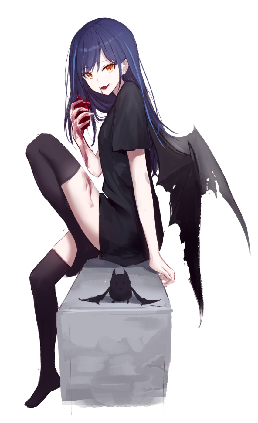 1girl :d animal bangs bat bat_wings black_dress black_legwear black_wings blood blood_on_face blood_on_hands blue_hair breasts dress eyebrows_visible_through_hair fangs gnns heart heart_(organ) highres holding holding_heart knee_up long_hair multicolored_hair no_shoes original red_eyes short_sleeves simple_background sitting small_breasts smile solo streaked_hair thigh-highs torn_wings vampire white_background wings