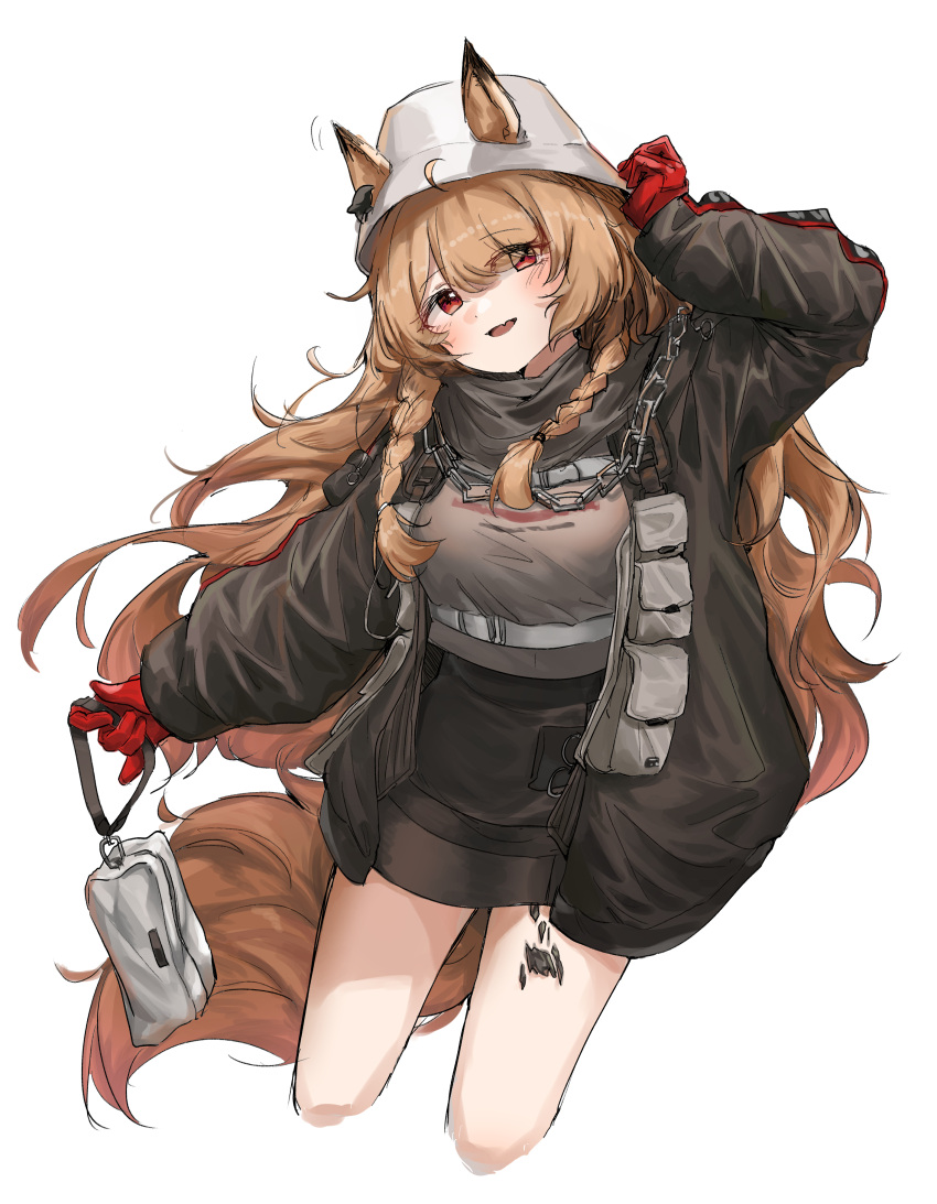 1girl :d absurdres ahoge animal_ears arknights bag bangs black_jacket black_scarf black_skirt blush braid brown_hair ceobe_(arknights) ceobe_(unfettered)_(arknights) chain commentary_request cropped_legs dog_ears dog_girl dog_tail ears_through_headwear eyebrows_visible_through_hair grey_shirt hat head_tilt highres holding holding_bag jacket korean_commentary long_hair long_sleeves looking_at_viewer miniskirt official_alternate_costume open_clothes open_jacket open_mouth oripathy_lesion_(arknights) polyvora red_eyes scarf shirt skirt smile solo tail twin_braids very_long_hair white_headwear