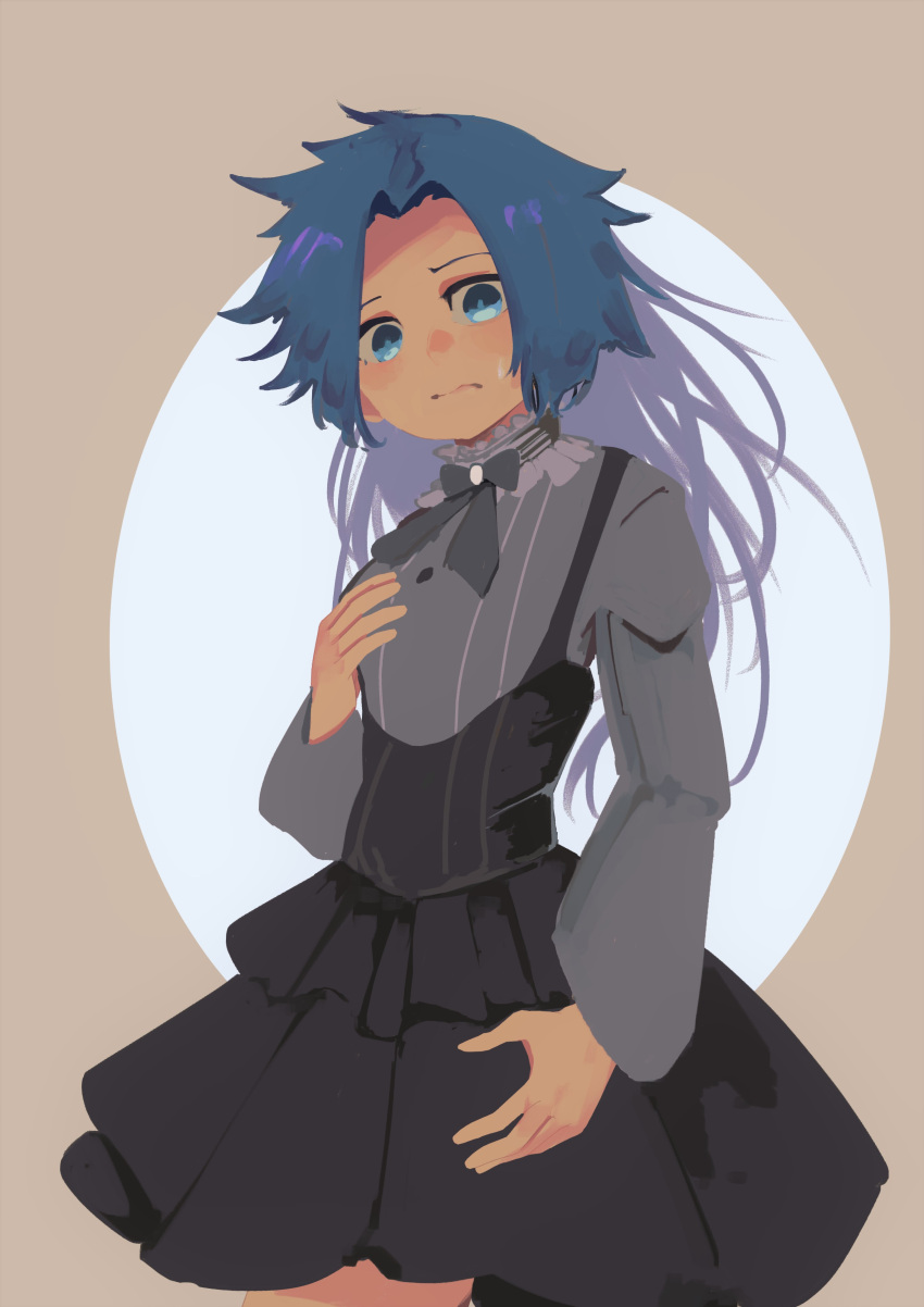 1girl :s absurdres alternate_costume arm_at_side black_bow black_bowtie black_dress blue_eyes blue_hair blush bow bowtie brown_background buttons closed_mouth collar commentary cowboy_shot dress eyebrows_behind_hair forehead frilled_collar frilled_dress frills grey_shirt hand_on_own_chest highres himemushi_momoyo long_hair long_sleeves looking_at_viewer shirt simple_background solo standing striped striped_shirt suspenders sweatdrop totopepe888 touhou vertical-striped_shirt vertical_stripes wavy_mouth white_collar
