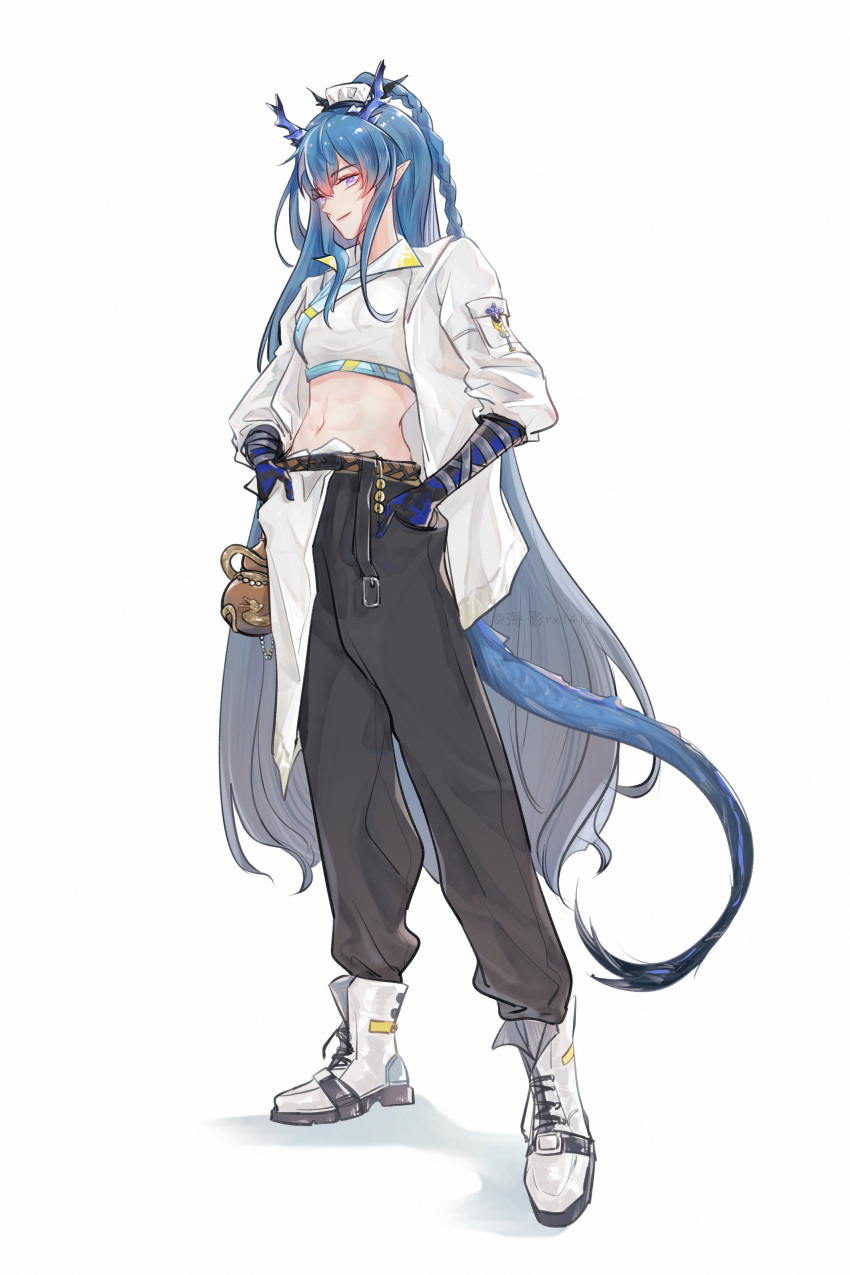 1girl absurdres arknights bangs black_pants blue_eyes blue_hair boots braid commentary_request crop_top full_body gourd haiying hand_in_pocket highres horns jacket ling_(arknights) long_hair looking_at_viewer midriff navel open_clothes open_jacket pants pointy_ears shirt simple_background single_braid solo standing stomach tail very_long_hair white_background white_footwear white_jacket white_shirt