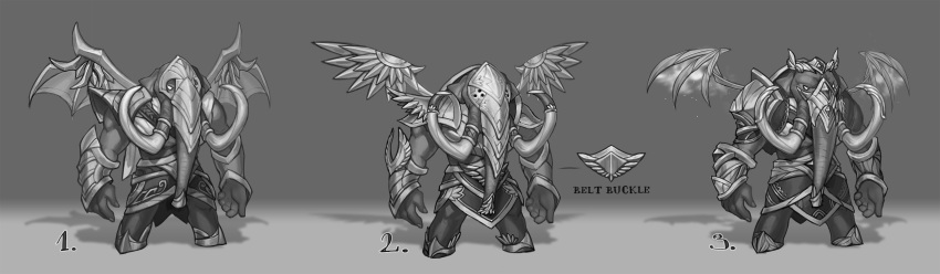 absurdres arena_of_valor armor breastplate character_name dark_skin elephant english_commentary greyscale headwear_removed helm helmet helmet_removed highres imperium_guard_chaugnar monochrome no_pupils official_alternate_costume shoulder_armor standing vladbacescu wings