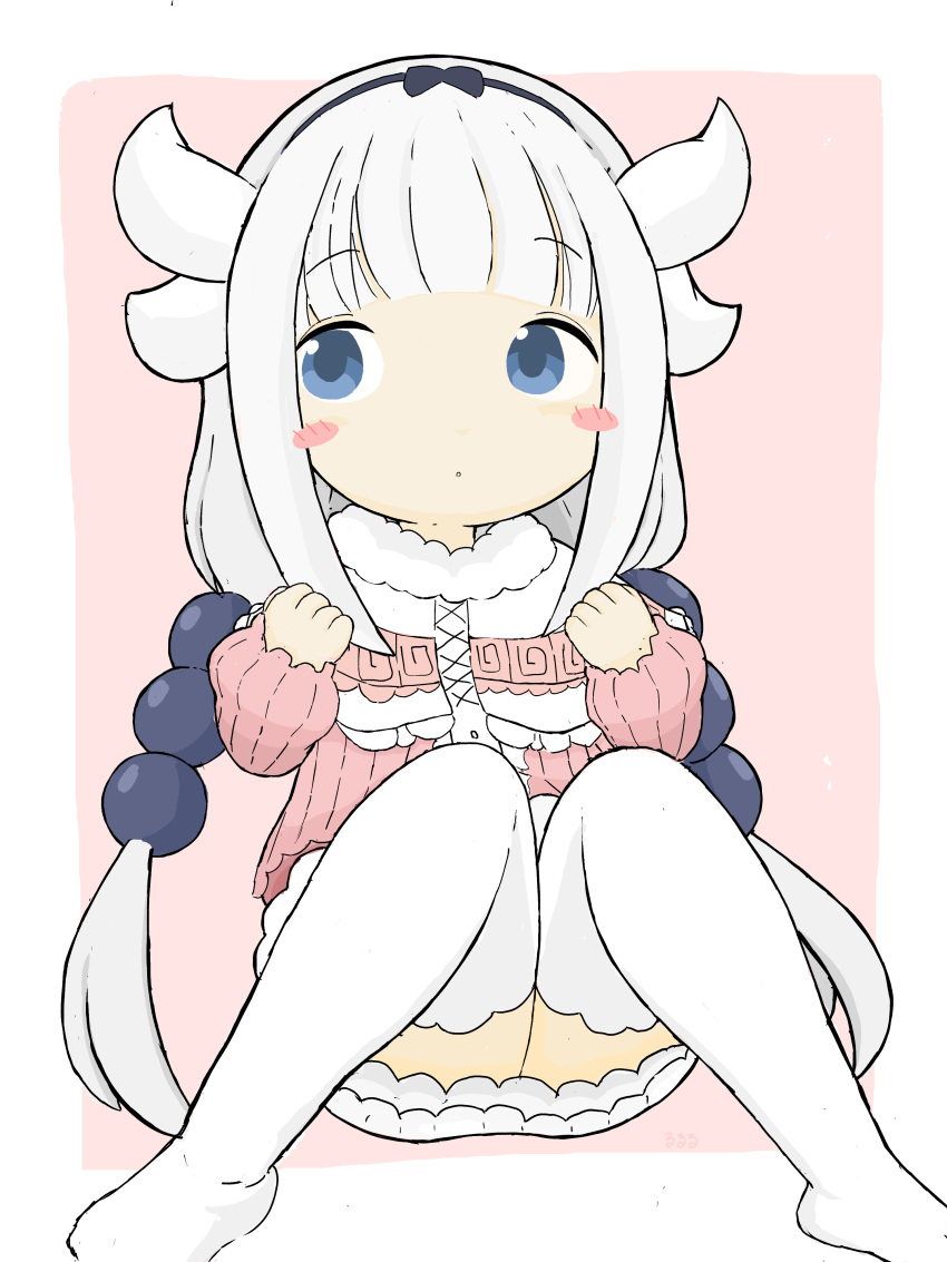 1girl :o absurdres bangs blue_eyes blush_stickers capelet commentary_request dragon_horns dress eyebrows_visible_through_hair hands_up highres horns kanna_kamui knees_together_feet_apart knees_up kobayashi-san_chi_no_maidragon long_hair long_sleeves no_shoes parted_lips pink_background pink_dress puffy_long_sleeves puffy_sleeves rururu_(pyrk8855) sleeves_past_wrists solo thigh-highs two-tone_background very_long_hair white_background white_capelet white_hair white_legwear