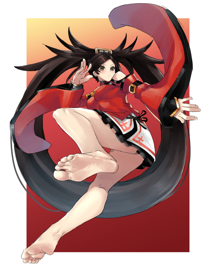 1girl bangs bare_legs bare_shoulders barefoot blush border breasts brown_eyes brown_hair china_dress chinese_clothes detached_sleeves dress eiji_(eiji) eyebrows_visible_through_hair feet fighting_stance guilty_gear guilty_gear_xrd hair_ornament hair_ring hairclip highres kuradoberi_jam leg_up long_hair medium_breasts open_mouth simple_background skirt solo thighs twintails white_background white_border wide_sleeves
