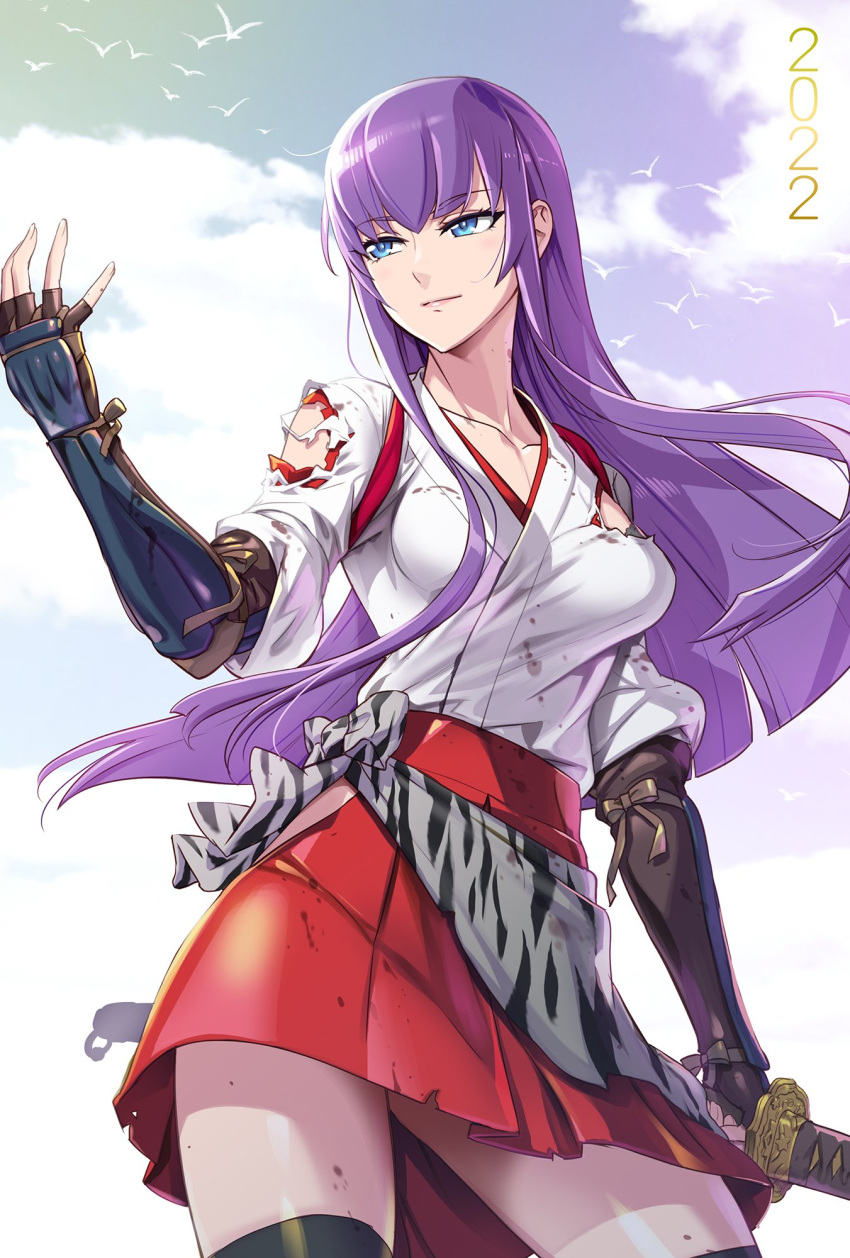 1girl 2022 bangs bird blue_eyes breasts bridal_gauntlets busujima_saeko chinese_zodiac clouds cloudy_sky collarbone contrapposto dated eyebrows_visible_through_hair floating_hair highres highschool_of_the_dead holding holding_sword holding_weapon japanese_clothes katana light_blush light_smile long_hair looking_to_the_side medium_breasts official_art outdoors pose purple_hair red_skirt satou_shouji seagull shiny shiny_skin shirt skirt sky sword thigh-highs torn_clothes torn_shirt torn_skirt weapon white_shirt white_tiger_print year_of_the_tiger zettai_ryouiki