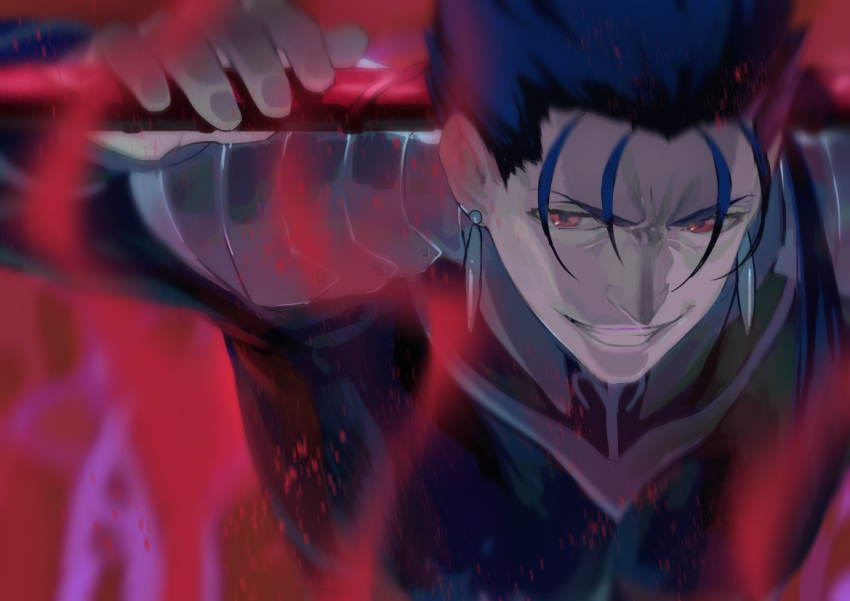 1boy armor blue_bodysuit blue_hair bodysuit cu_chulainn_(fate) cu_chulainn_(fate/stay_night) earrings fate/stay_night fate_(series) gae_bolg_(fate) grin hands_up holding holding_polearm holding_weapon ikuchan_kaoru jewelry looking_at_viewer male_focus pauldrons polearm red_eyes shoulder_armor smile solo spear upper_body weapon