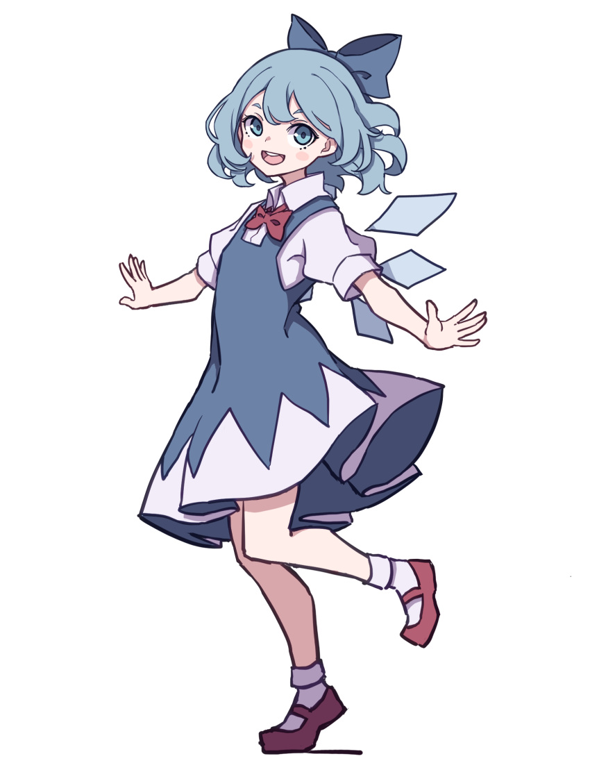 1girl :d blue_bow blue_eyes blue_hair blush_stickers bow cirno collared_shirt detached_wings fairy full_body hair_between_eyes hair_bow highres ice ice_wings kame_(kamepan44231) one-hour_drawing_challenge open_mouth outstretched_arms puffy_short_sleeves puffy_sleeves red_footwear round_teeth shirt shoes short_hair short_sleeves simple_background smile socks solo spread_arms teeth touhou upper_teeth white_background white_legwear white_shirt wings