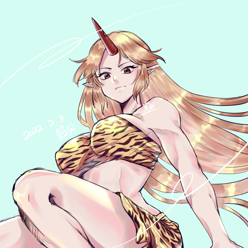 animal_print bandeau bikini blonde_hair breasts closed_mouth commentary_request dated highres horns hoshiguma_yuugi large_breasts leopard_print loincloth long_hair looking_up muscular muscular_female pointy_ears red_eyes red_horns shidzuki signature simple_background smirk strapless strapless_bikini swimsuit touhou very_long_hair