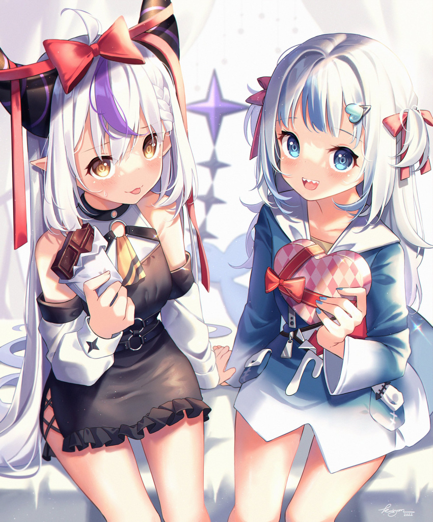 2girls :d :p ahoge ascot bangs black_dress blue_dress blue_eyes blue_hair blue_nails blush bow box bra brown_eyes chocolate commentary demon_horns dress english_commentary fish_tail food gawr_gura hair_bow hair_ornament hair_ribbon hand_on_another's_hand heart heart-shaped_box heart_hair_ornament highres holding holding_box holding_chocolate holding_food holding_heart hololive hololive_english horns kuri_(animejpholic) la+_darknesss long_hair long_sleeves looking_at_viewer multicolored_hair multiple_girls nail_polish purple_hair red_bow red_ribbon ribbon shark_tail sharp_teeth silver_hair simple_background smile streaked_hair tail teeth tongue tongue_out two_side_up underwear very_long_hair virtual_youtuber yellow_ascot