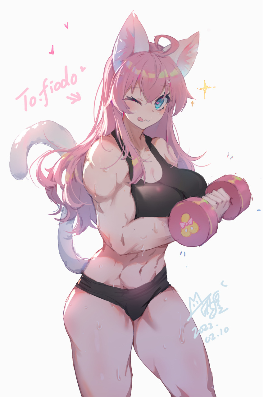 1girl absurdres ahoge animal_ears blue_eyes breasts cat_ears cat_tail highres large_breasts long_hair muscular muscular_female one_eye_closed original pink_hair solo sports_bra tail tongue tongue_out weights xing