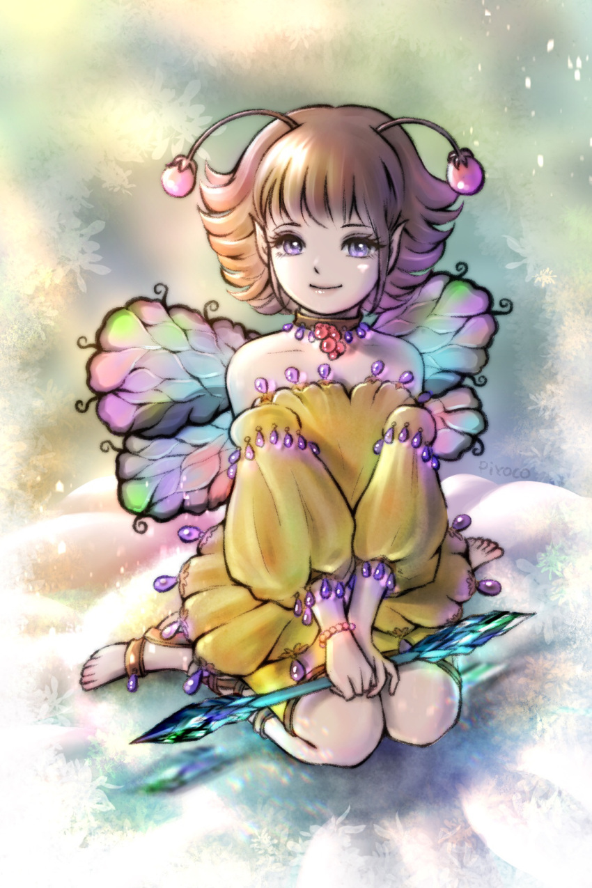 1girl antennae artist_name bangs barefoot bead_bracelet beads bracelet brown_hair butterfly_wings closed_mouth detached_sleeves eyelashes fairy flipped_hair highres jewelry long_sleeves looking_at_viewer multicolored_wings neck_ring original piyoco pointy_ears short_hair shorts sitting smile solo strapless v_arms violet_eyes wariza wings yellow_shorts yellow_sleeves