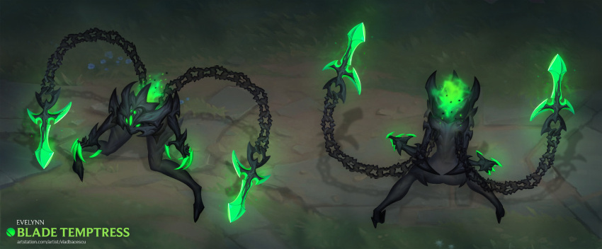 1girl alternate_costume artist_name black_bodysuit bodysuit chain character_name dark_skin english_commentary evelynn_(league_of_legends) from_above glowing helmet highres league_of_legends leaning_forward legs_apart multiple_views vladbacescu weapon web_address