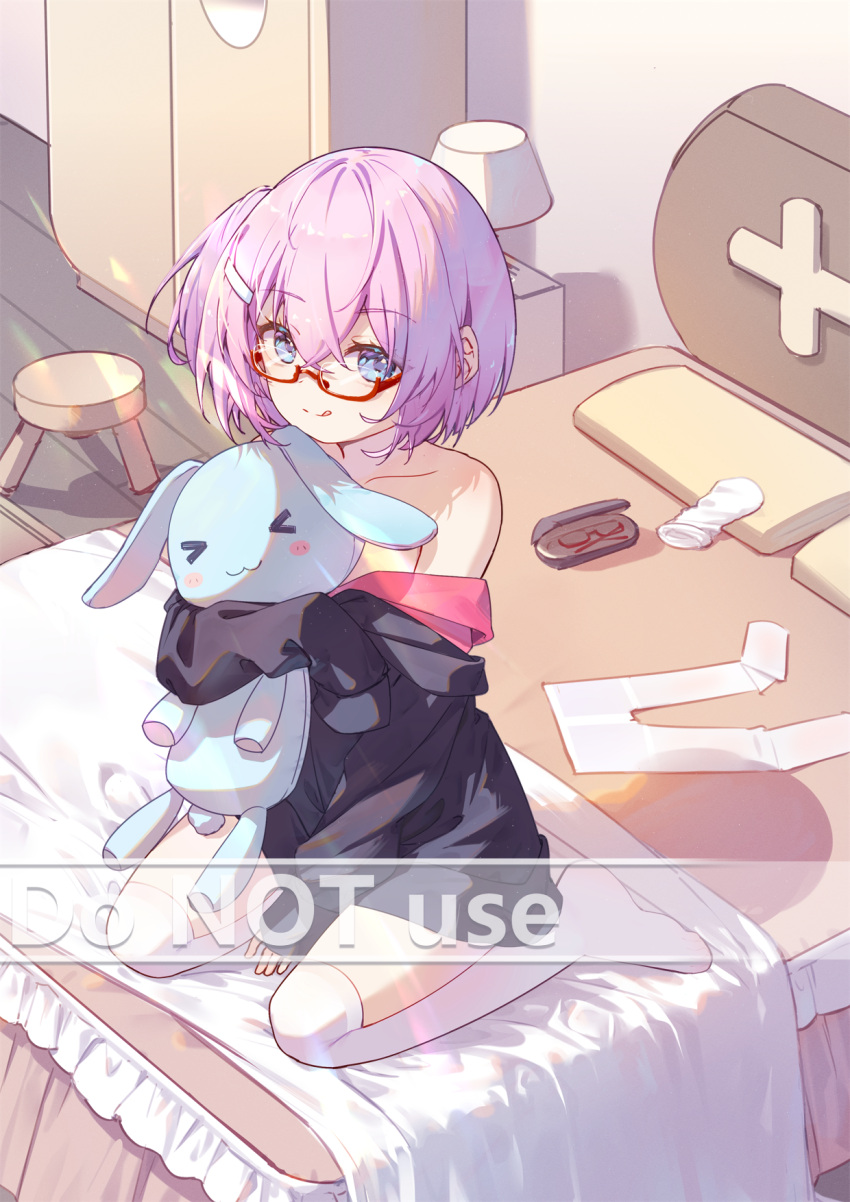 &gt;_&lt; 1girl :3 :q bangs bare_shoulders between_legs black_shirt blue_eyes closed_mouth commentary_request english_text eyebrows_visible_through_hair glasses glasses_case hair_between_eyes hair_ornament hairclip hand_between_legs highres indoors long_sleeves mo_(pixiv9929995) no_shoes object_hug off_shoulder on_bed one_side_up original pantyhose pantyhose_removed pillow pink_hair red-framed_eyewear seiza semi-rimless_eyewear shirt sitting sleeves_past_fingers sleeves_past_wrists smile solo stuffed_animal stuffed_bunny stuffed_toy thigh-highs tongue tongue_out under-rim_eyewear watermark white_legwear wooden_floor
