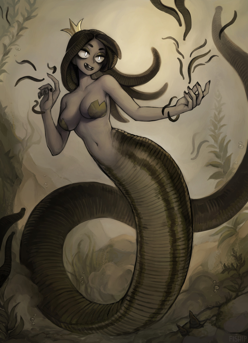 1girl :d absurdres black_nails breasts brown_theme colored_sclera colored_skin crown english_commentary full_body grey_sclera grey_skin highres kneeless_mermaid leech leech_girl leech_queen_(matilda_fiship) lily_pad matilda_fiship medium_breasts mermaid mini_crown monster_girl monsterification navel open_mouth original pasties seaweed sharp_teeth smile solo teeth tentacle_hair underwater white_eyes
