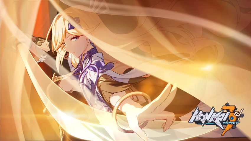 1girl absurdres bangs bianka_durandal_ataegina bianka_durandal_ataegina_(valkyrie_gloria) blonde_hair blue_eyes bracelet breasts brown_gloves china_dress chinese_clothes closed_mouth curtains dress earrings gloves hair_ornament highres holding holding_sword holding_weapon honkai_(series) honkai_impact_3rd jewelry long_hair looking_at_viewer official_art sideboob single_glove solo source_request sword wavy_hair weapon