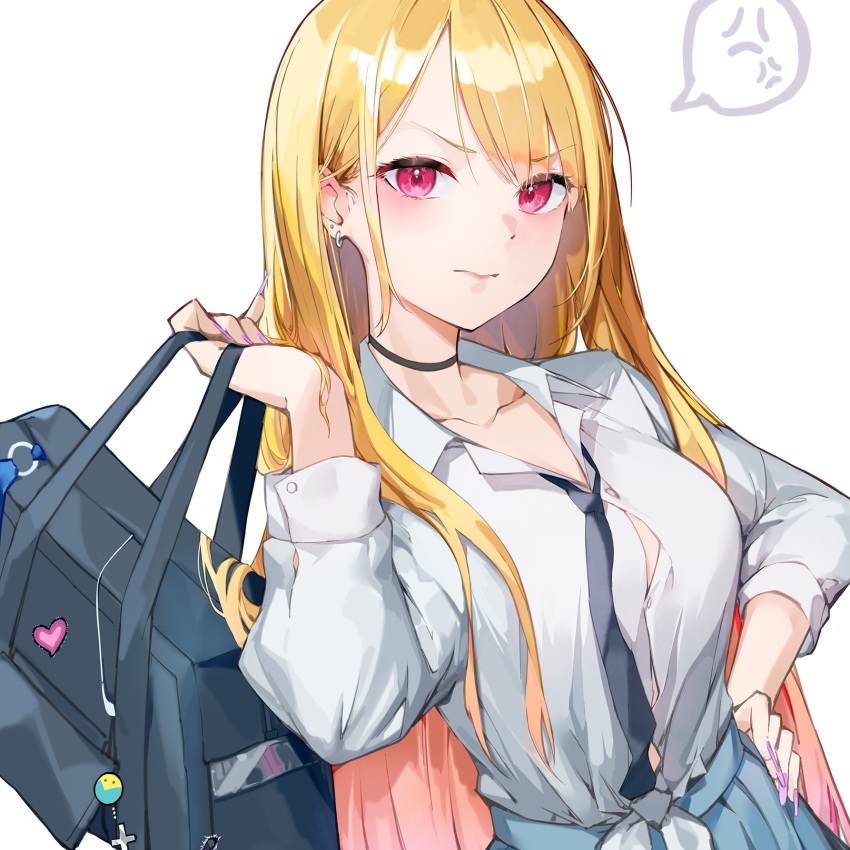 1girl 3: anger_vein badge bag bag_charm bangs black_choker black_necktie blonde_hair blue_skirt blush breasts button_badge charm_(object) choker closed_mouth collarbone cowboy_shot dingding_tu earrings eyebrows_visible_through_hair fingernails gradient_hair hand_on_hip highres holding holding_bag jewelry kitagawa_marin long_fingernails long_hair long_sleeves looking_at_viewer medium_breasts multicolored_hair nail_polish necktie orange_hair pink_eyes pleated_skirt purple_nails school_bag school_uniform simple_background skirt solo sono_bisque_doll_wa_koi_wo_suru speech_bubble spoken_anger_vein v-shaped_eyebrows very_long_hair white_background