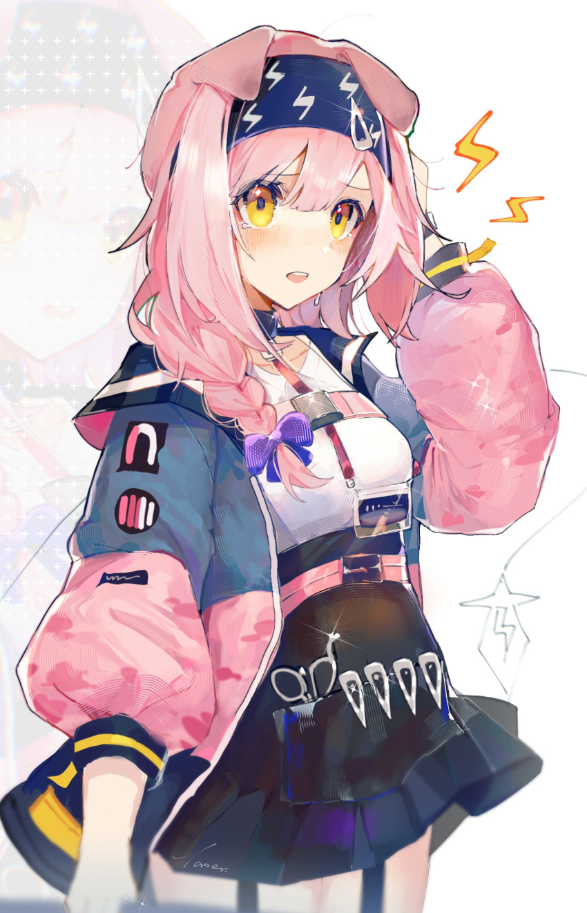 1girl animal_ears arknights bangs belt black_hairband black_skirt blush bow braid cat_ears commentary cowboy_shot garter_straps goldenglow_(arknights) hair_between_eyes hair_bow hairband highres jacket long_hair long_sleeves looking_at_viewer miniskirt open_clothes open_jacket open_mouth pink_belt pink_hair purple_bow shirt single_braid skirt solo standing symbol-only_commentary taoer. tears white_background white_shirt yellow_eyes zoom_layer