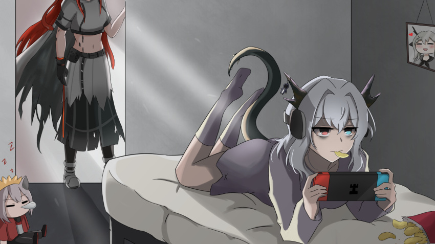 2girls alina_(arknights) arknights bags_under_eyes bed dragon_girl dragon_horns horns lying multiple_girls nine_(arknights) on_stomach oripathy_lesion_(arknights) playing_games projekt_red_(arknights) selverna silver_hair skirt sleeping tail talulah_(arknights) torn_clothes torn_coat torn_skirt