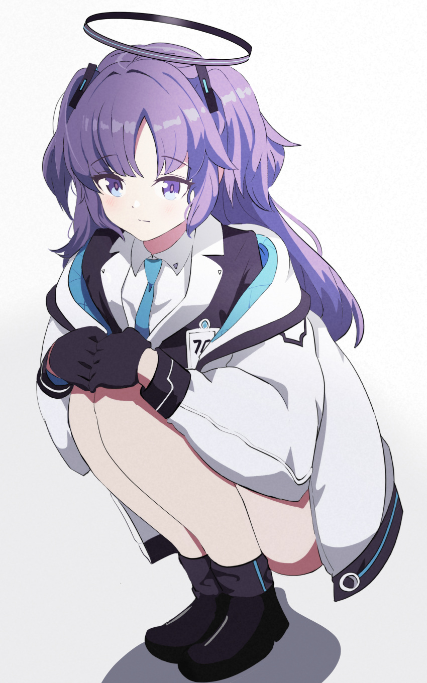 1girl absurdres blue_archive blue_eyes blush collared_shirt dress_jacket dress_shirt eyebrows_visible_through_hair gloves halo highres id_card jacket long_hair necktie off_shoulder oni-_-on purple_hair shadow shirt shoes sidelocks simple_background squatting twintails white_background white_jacket yuuka_(blue_archive)