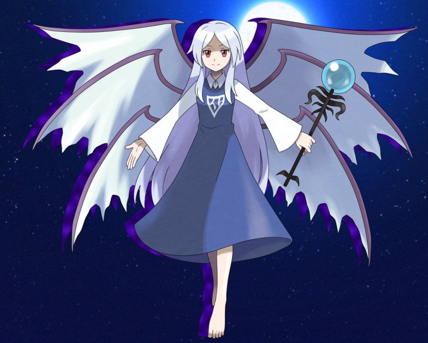 angel asatsuki_(fgfff) barefoot blue_dress blue_hair closed_mouth collared_shirt dress full_body full_moon happy holding holding_staff long_dress long_hair long_sleeves moon multiple_wings night night_sky red_eyes sariel_(touhou) seraph shirt sky smile staff touhou touhou_(pc-98) very_long_hair white_shirt wide_sleeves wings