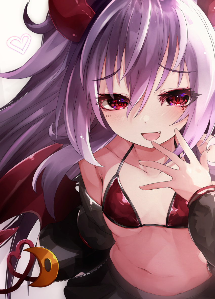 1girl :d bangs bikini black_skirt breasts brown_background commentary_request demon_girl demon_horns demon_tail demon_wings evo_grim eyebrows_visible_through_hair fang grey_hair grim_aloe hair_between_eyes hand_to_own_mouth hand_up heart highres horns long_hair long_sleeves looking_at_viewer navel puffy_long_sleeves puffy_sleeves quiz_magic_academy_the_world_evolve rai_(sakuranbo_sugar) red_bikini red_eyes red_wings skirt small_breasts smile solo swimsuit tail very_long_hair wings