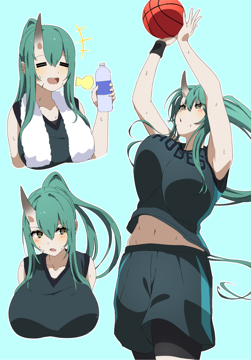 +++ 1girl :o =_= alternate_costume arknights armpits arms_up ball bangs bare_shoulders basketball basketball_uniform bike_shorts black_shorts blue_background blush bottle bouncing_breasts breasts eyebrows_visible_through_hair hair_between_eyes highres holding holding_bottle horns hoshiguma_(arknights) huge_breasts long_hair looking_at_viewer looking_up makino midriff_peek multiple_views navel open_mouth parted_lips ponytail shorts shorts_under_shorts sidelocks simple_background skin-covered_horns sleeveless sportswear sweat sweatband towel towel_around_neck unaligned_breasts yellow_eyes