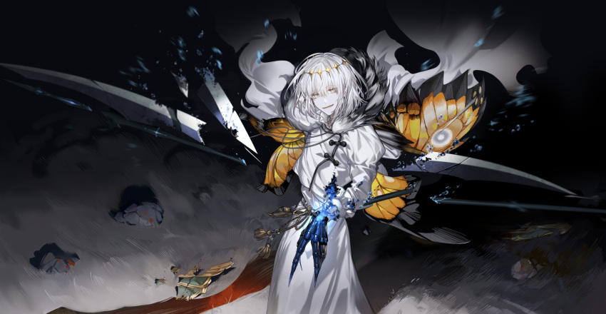 arlizi bug butterfly butterfly_wings chinese_commentary crown fate/grand_order fate_(series) highres male_focus oberon_(fate) smile solo_focus type-moon white_hair wings