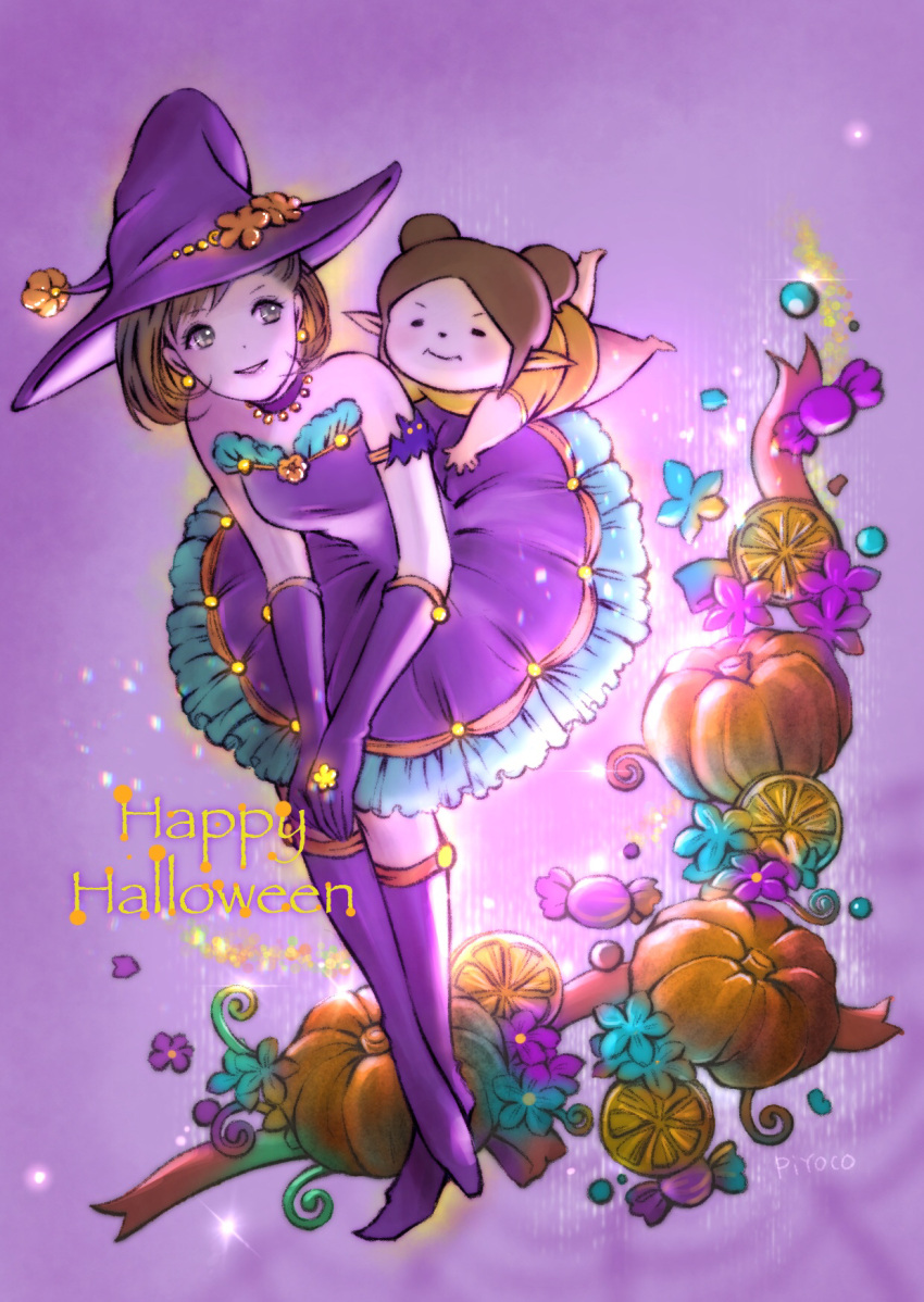 2girls armband artist_name avatar_(ff11) bat brown_hair candy choker dress earrings elbow_gloves final_fantasy final_fantasy_xi flower food gloves grey_eyes halloween happy_halloween hat highres hume jewelry kneehighs multiple_girls piyoco pointy_ears pumpkin purple_choker purple_dress purple_gloves purple_headwear purple_legwear short_hair smile strapless strapless_dress tarutaru witch_hat