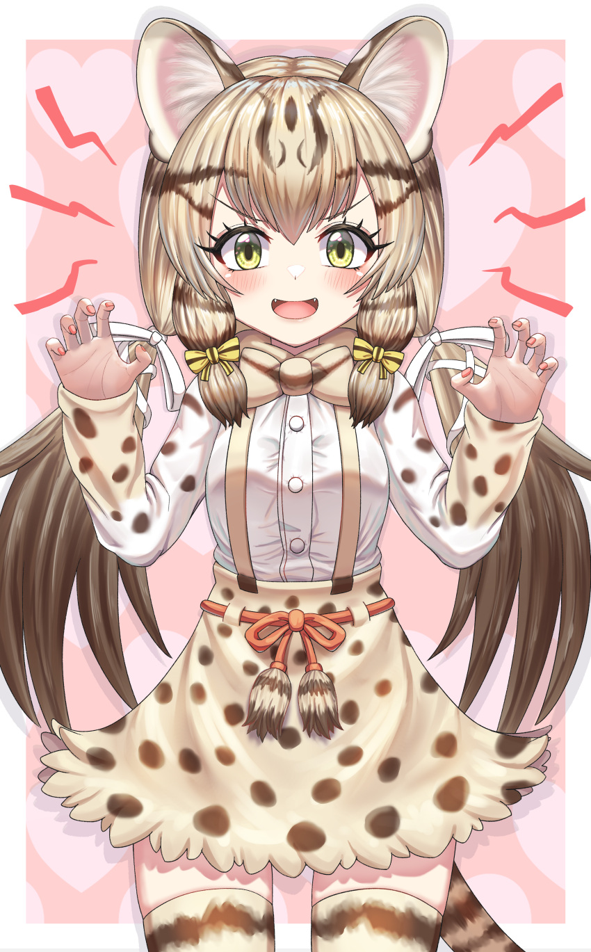 1girl absurdres animal_ears blonde_hair blush breasts brown_hair cat_ears cat_girl cat_tail eyebrows_visible_through_hair fangs geoffroy's_cat_(kemono_friends) highres kemono_friends long_hair looking_at_viewer low_twintails medium_breasts multicolored_hair neukkom open_mouth skirt smile tail thigh-highs tongue twintails yellow_eyes
