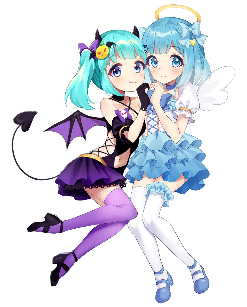 2girls :q angel angel_wings bare_shoulders black_gloves black_shirt blue_bow blue_eyes blue_hair blue_skirt bow chobi_(penguin_paradise) closed_mouth clothing_cutout collarbone commentary_request copyright_request criss-cross_halter demon_girl demon_horns demon_tail demon_wings gloves hair_bow hair_ornament halo halterneck heart heart_hands heart_hands_duo highres horns layered_skirt mini_wings multiple_girls navel navel_cutout official_art pleated_skirt puffy_short_sleeves puffy_sleeves purple_bow purple_skirt purple_wings shirt short_sleeves skirt smile star_(symbol) star_hair_ornament tail tongue tongue_out twintails virtual_youtuber white_shirt white_wings wings