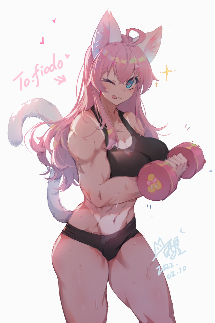 absurdres ahoge animal_ears blue_eyes cat_ears highres long_hair muscular muscular_female one_eye_closed original pink_hair sports_bra tail tan tongue tongue_out weights xing