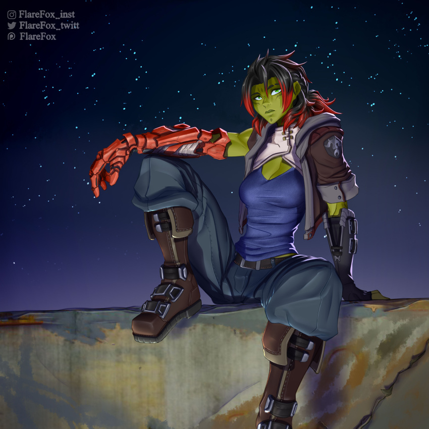 1girl absurdres black_hair boots colored_skin commission facial_mark flarefox green_eyes green_skin highres mechanical_arms multicolored_hair original single_mechanical_arm sitting solo star_wars
