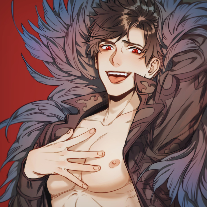 1boy anderain bangs belial_(granblue_fantasy) black_hair black_jacket feather_boa granblue_fantasy hand_on_own_chest highres jacket large_pectorals looking_at_viewer male_focus nipples open_clothes open_jacket open_mouth pectorals red_eyes short_hair solo tongue tongue_out upper_body