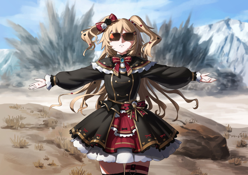 1girl absurdres akai_haato black_capelet black_dress blonde_hair bow bowtie capelet closed_mouth commentary_request cowboy_shot dress explosion facing_viewer frilled_capelet frills hair_bow hair_ornament heart heart_hair_ornament highres hololive long_hair long_sleeves nemoto_yuuma outdoors outstretched_arms puffy_long_sleeves puffy_sleeves red_bow red_bowtie solo spread_arms standing sunglasses thigh_strap two_side_up very_long_hair virtual_youtuber