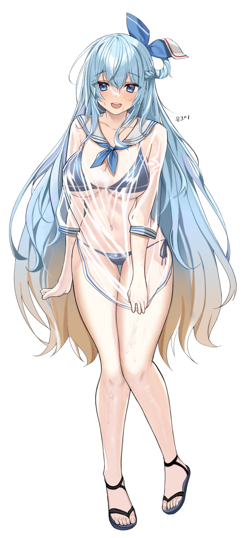 1girl :d absurdres bare_legs bikini blue_bikini blue_eyes blue_hair breasts collarbone commission full_body gradient_hair hair_ribbon hair_rings highres large_breasts long_hair long_sleeves looking_at_viewer multicolored_hair navel neckerchief original ribbon sailor_collar sailor_shirt see-through shirt side-tie_bikini simple_background slippers smile solo stomach string_bikini swimsuit thighs tongtangtong very_long_hair wet wet_clothes wet_shirt white_background