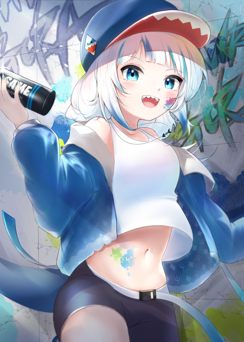 1girl :d bangs baseball_cap blue_eyes blue_hair blue_headwear blue_jacket blunt_bangs can commentary_request gawr_gura hat highres holding holding_can hololive hololive_english jacket jewelry long_sleeves midriff multicolored_hair navel necklace open_clothes open_jacket paint_on_body paint_splatter paint_splatter_on_face sharp_teeth shirt short_shorts shorts silver_hair sleeveless sleeveless_shirt smile solo spray_can spray_paint streaked_hair tail teeth tokinari virtual_youtuber white_shirt